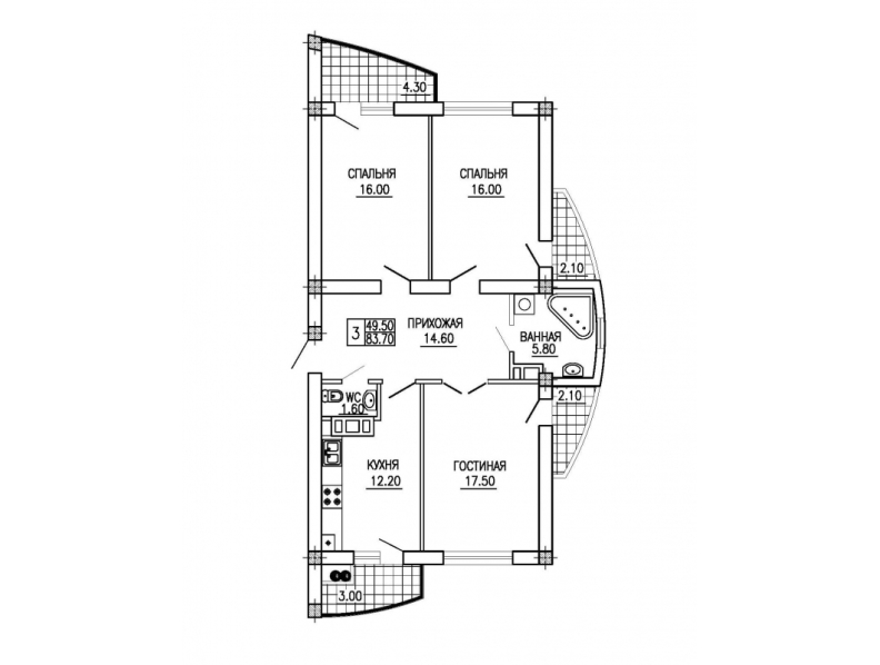 3 camere 83.7 m²