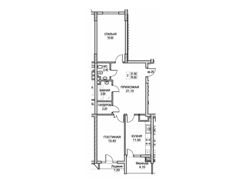 2 camere 76.5 m²