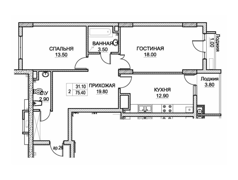 2 camere 75.4 m²