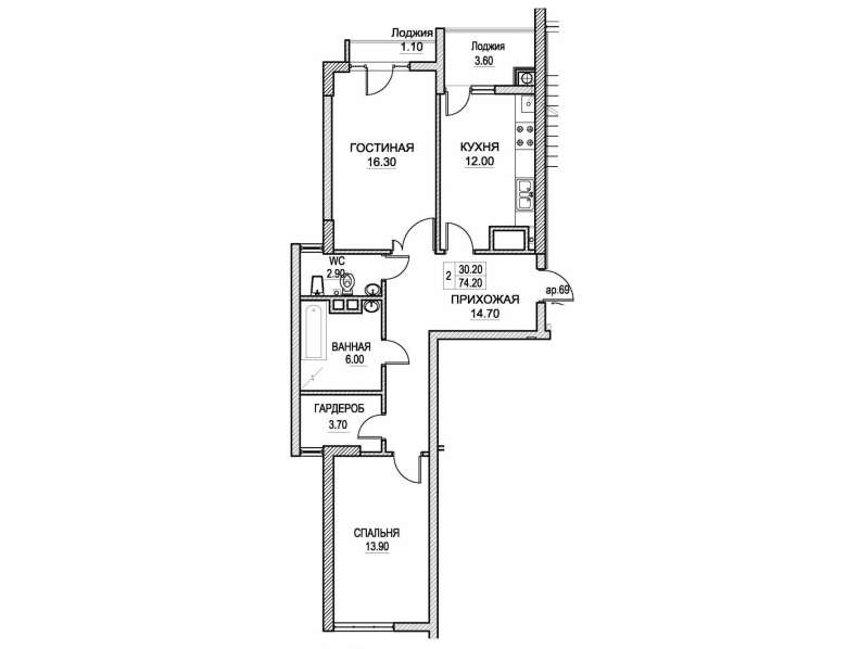 2 camere 74.2 m²