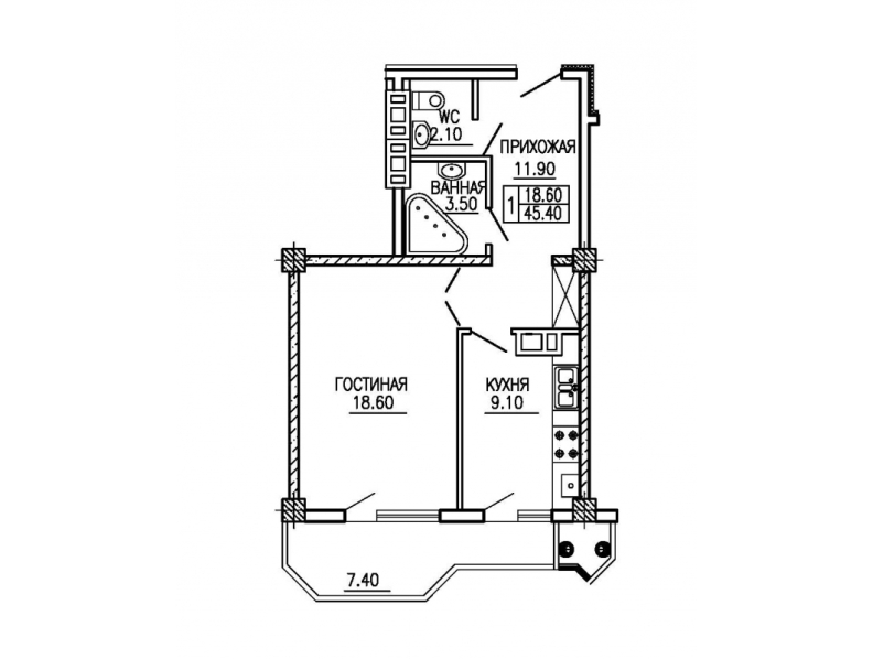 1 cameră 45.4 m²