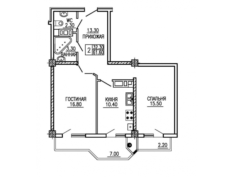 2 camere 61.6 m²