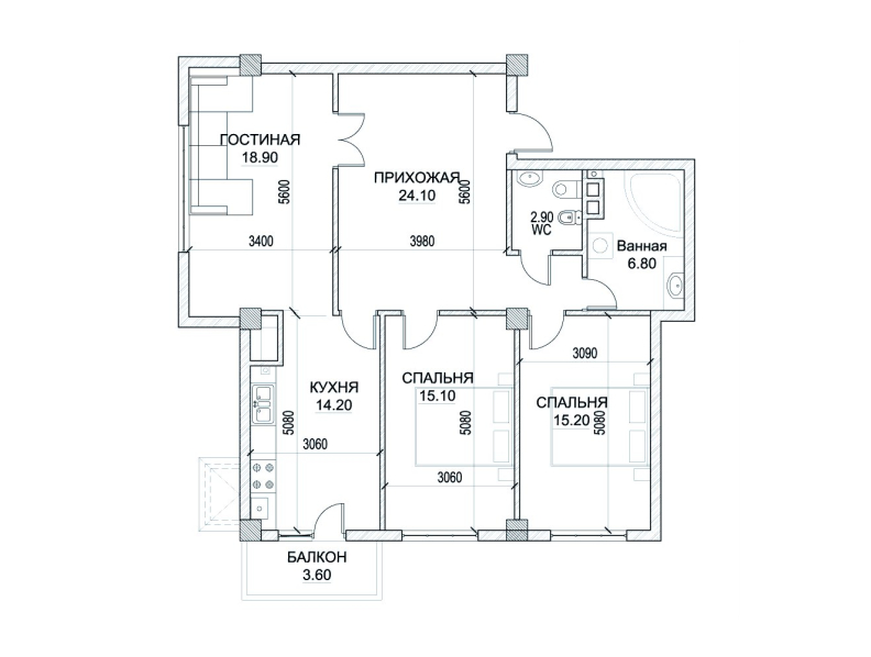 3 camere 100.8 m²