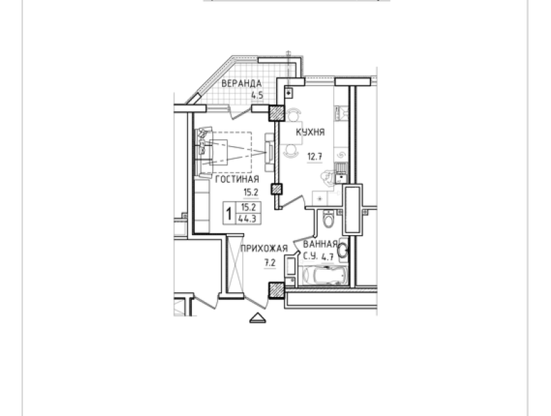 1 cameră 44 m²