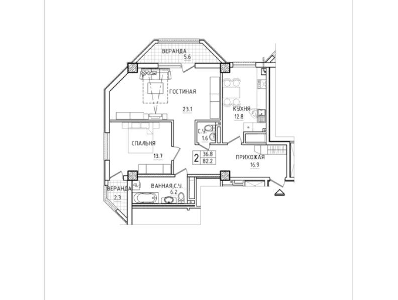 2 camere 82 m²