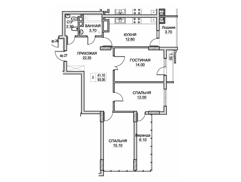 3 camere 93 m²
