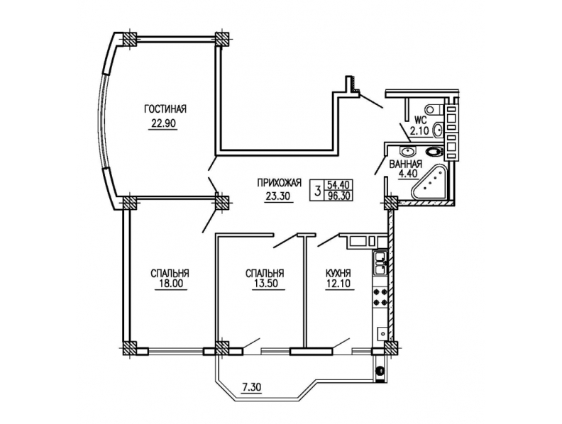 3 camere 96.3 m²