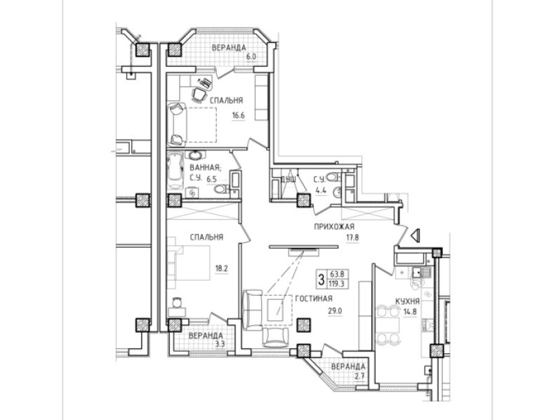 3 camere 119 m²